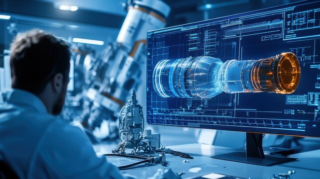 A space engineer developing propulsion systems for Mars missions, aerospace lab with ion propulsion models, spacecraft blueprints
