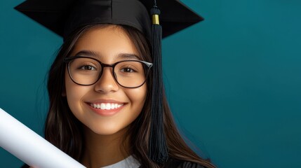 Smiling Female Graduate Holding Diploma in Cap and Gown Against Turquoise Background