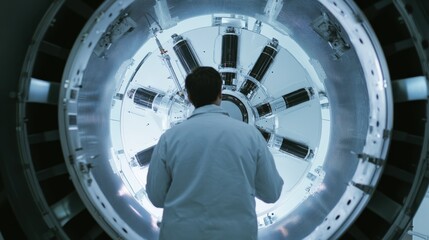 A space engineer testing propulsion systems for interplanetary missions, test facility with rocket components and propulsion systems visible, High-tech style