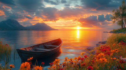 Barque sur un lac au coucher du soleil, fleurs en premier plan. Barque sur un lac calme au coucher du soleil, entourée de fleurs colorées et de montagnes, ambiance paisible et lumineuse.