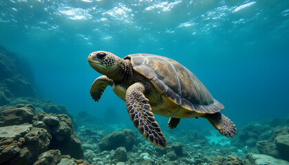 Fototapeta premium Sea turtle swimming gracefully in clear blue ocean water 