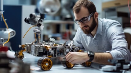 A space engineer working on autonomous navigation systems for space rovers, lab with rover parts and navigation software visible, High-tech style