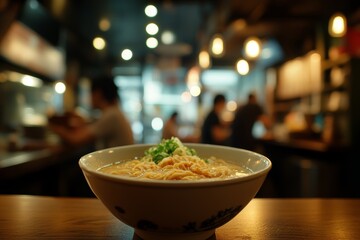 Delicious ramen bowl served in a cozy restaurant with dim lighting in the background