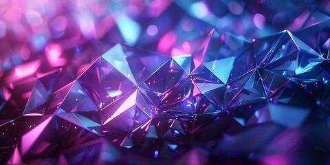 Sci fi crystalline low poly texture hyperrealistic reflections prismatic glow of neon purples blues multi faceted depth complex abstract 3D geometry dark ambient lighting with soft luminescence