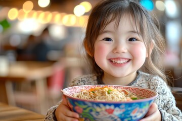 Happy child enjoying a bowl of ramen in a cozy restaurant filled with warm lights and joyful atmosphere