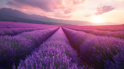 Fototapeta premium field, landscape, sky, sunset, nature, meadow, grass, summer, sun, sunrise, green, lavender, agriculture, flower, countryside, rural, cloud, clouds, sunlight, farm, country, spring, beautiful, purple,