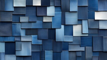 Abstract blue wooden panels arranged in a mosaic pattern, creating a textured wall design