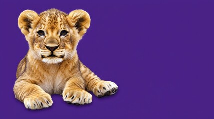 Fototapeta premium Cute Young Lion Cub Relaxing on Colorful Background