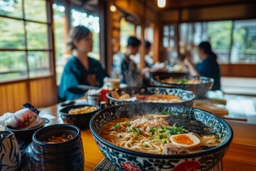 Ramen served in a cozy dining area with friends enjoying warm food in a traditional setting