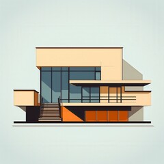 Minimalist architectural illustration featuring a modern building with geometric shapes and a mix of beige, brown, and blue colors.