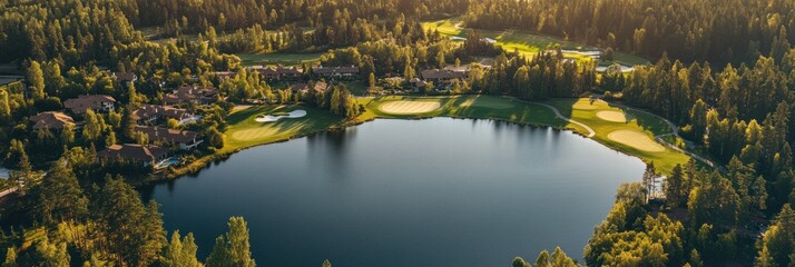Fototapeta premium An aerial view captures a picturesque golf course near a lake