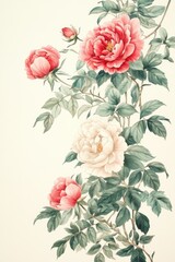 Beautiful watercolor painting of colorful blooming flowers and green leaves
