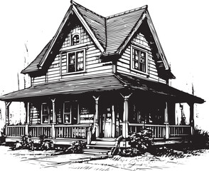 Cottage mountains drawing vector illustration