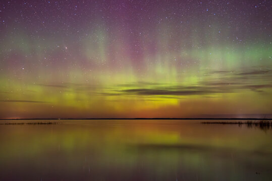 Vivid aurora borealis in green and purple hues lights up a star-filled night sky above a tranquil lake and sandy shoreline.