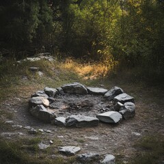 Obraz premium Stone circle firepit in tranquil forest setting at dusk