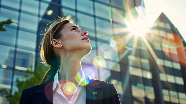 Frau blickt hoffnungsvoll in die Sonne