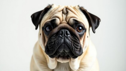 Obraz premium Wrinkled pug, front view, pure white backdrop, adorable, cute