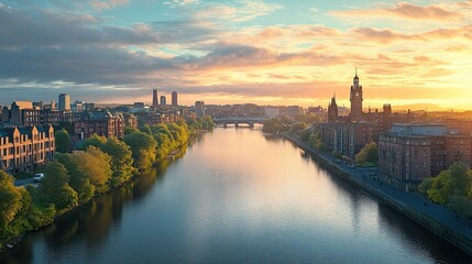 Glasgow City View, Skyline and Urban Landscape with River Clyde in the Background 
