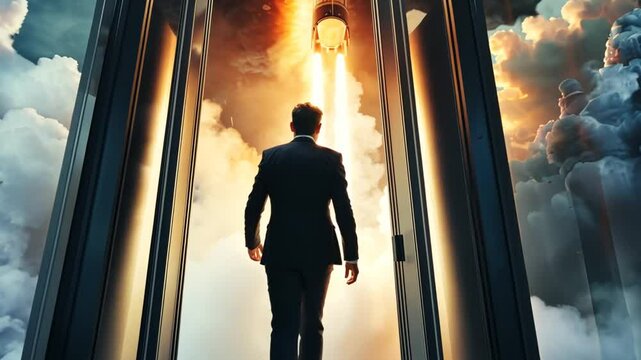 Mann tritt aus futurativem Portal in Lichtwelt