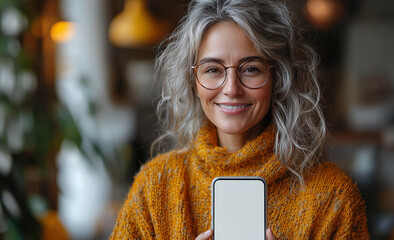A mature woman holding a mobile phone.