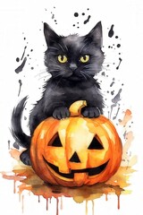 A black cat with yellow eyes sits on a carved pumpkin, surrounded by splattered paint.