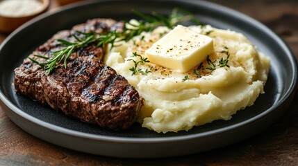 Grilled steak with mashed potatoes, butter and herbs on a plate. Perfect for food blog, restaurant menu, and culinary articles.