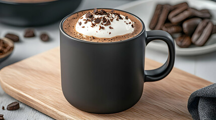 Dark Mug of Cocoa with Milk Art on Wooden Table
