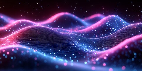 Abstract rendering of neon lit wavy particles with speckled accents