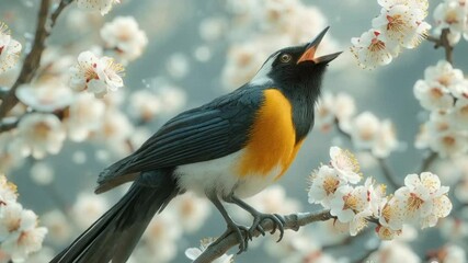 red winged blackbird. colorful bird The bird is chirping at the flower.