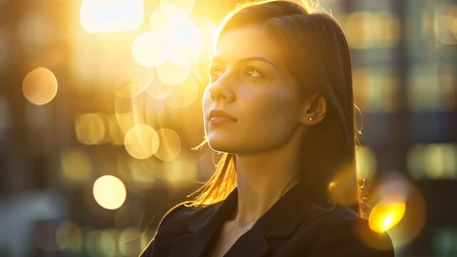 Frau mit ernster Miene im Sonnenuntergang