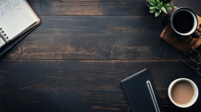 Workspace with Coffee, Notebook, and Succulent on Dark Wooden Surface
