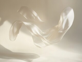 An elegant white sheer ribbon floats gracefully, casting soft shadows and creating dynamic curves, embodying lightness and refined movement in a minimalist setting.