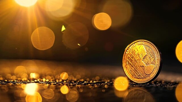 M&uuml;nze liegt gl&auml;nzend im goldenen Licht