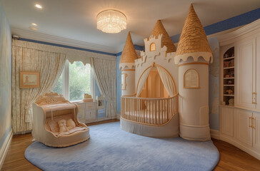A nursery with whimsical castle-shaped doorway inspires imaginative play and fairytale ambiance for stock visuals