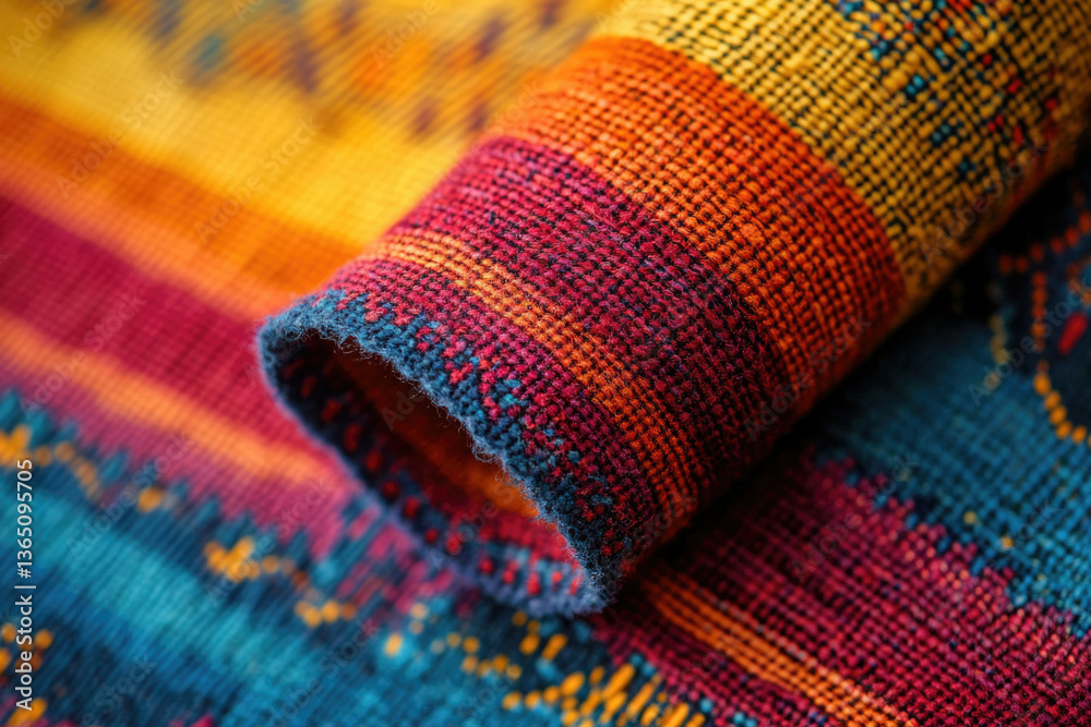 Poster close-up of vibrant, multicolored woven fabric with rich texture and intricate patterns.