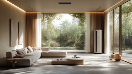 Modern Minimalist Living Room Design Beige Sofa Large Windows Natural Light Air Purifier Calm Atmosphere Tranquil Interior Spacious Room Elegant Home 