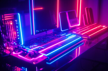 Obraz premium Glowing neon theremins reflected on black mirror, accompanied by vibrant light streaks for visual impact