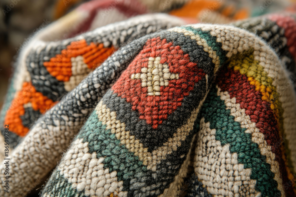 Poster close-up of a richly textured rug with vibrant geometric patterns in earthy tones.