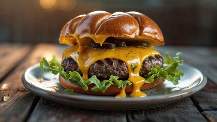 A mouthwatering cheeseburger sits on a plate, topped with melted cheese, pickles, and fresh lettuce. The warm light of sunset casts a golden glow, highlighting the juicy patty and soft bun