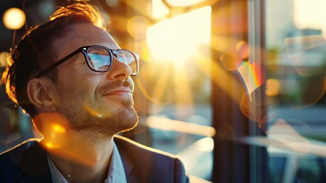 Mann mit Brille lacht in warmem Licht