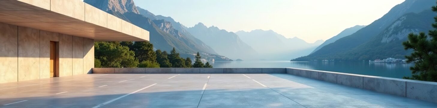 Modern building design with empty parking area, concrete wall, and stunning mountain and lake view backdrop,  car scene, modern