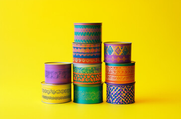 Vibrant stack of metal tins showcasing colorful designs arranged artistically for contemporary packaging stock imagery
