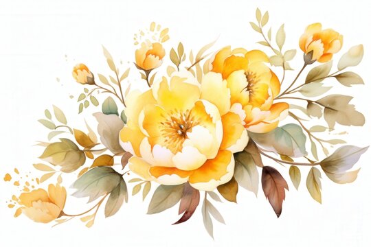 Watercolor Floral Bouquet with Yellow Peonies and Green Leaves