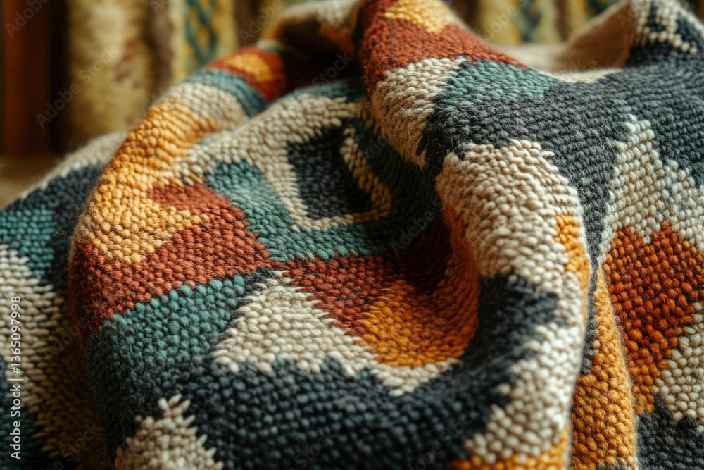 Poster close-up of a textured, multicolored woven rug with geometric patterns in earth tones.