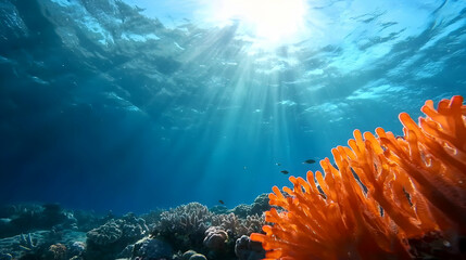 Vibrant Orange Coral Reef Under Sunlit Ocean Water