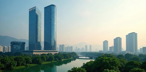 Obraz premium Modern glass skyscraper overlooking a lush green park in China, architecture, skyline