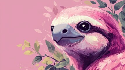 Cute Pink Sloth Surrounded by Leaves Against a Soft Pink Background