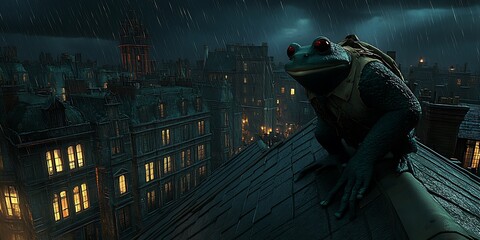 A frog character observes a cityscape during a stormy evening