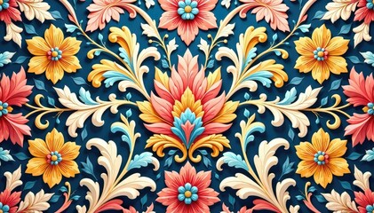 Elegant floral damask pattern, intricate design, fabric, vintage, luxury