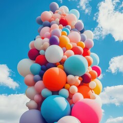 Tower of colorful balloons against a bright blue sky with white clouds